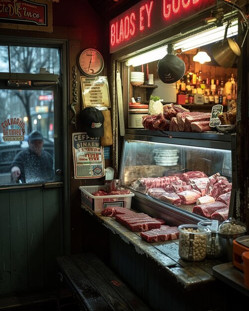 写真 カットの背景の肉屋の肉のカウンター