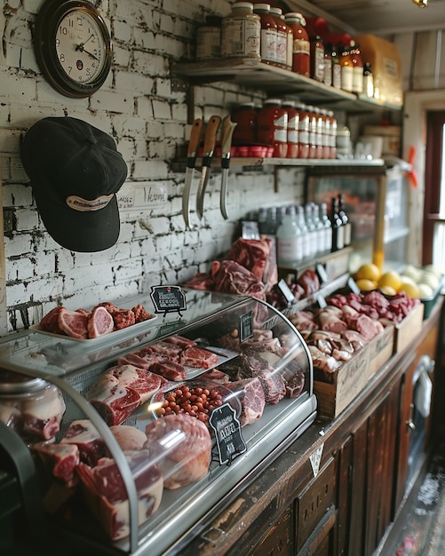 写真 切断された壁紙の肉屋のカウンター