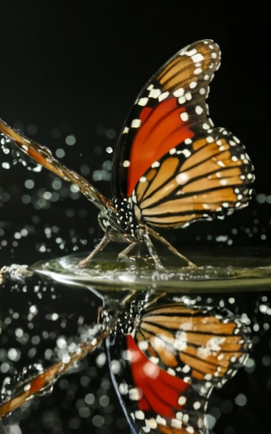 Фото Бабочка, летающая с водой и черным фоном