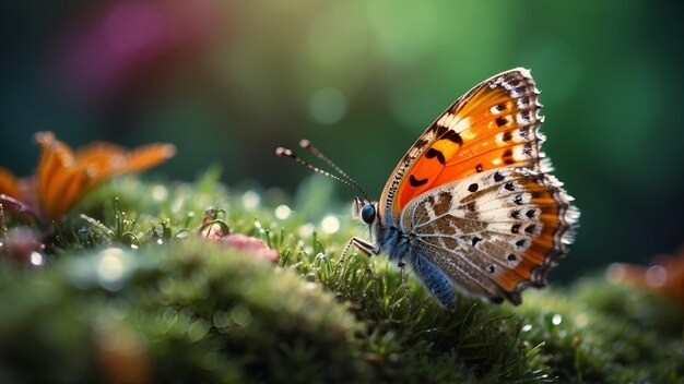 写真 蝶は草の上にいて青い尾を持っています日出のシンフォニー活気のある翼キスしたモス