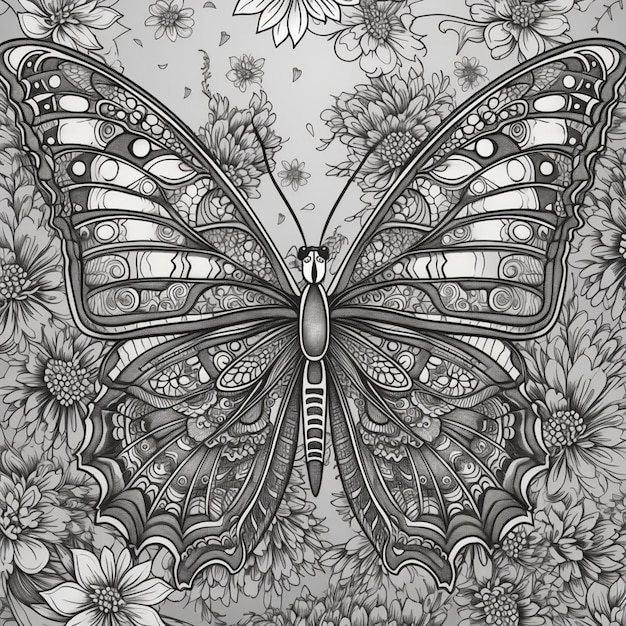 写真 蝶が花と白黒の蝶の絵とともに示されています。