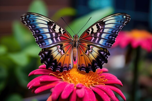 写真 鮮やかな花の上で羽を広げて休む蝶