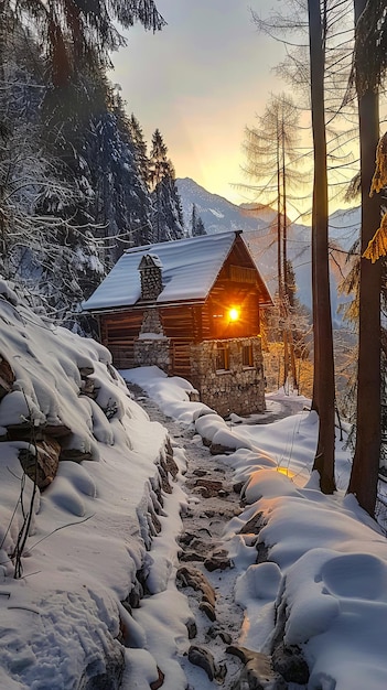 写真 雪の中の小屋で川が流れています