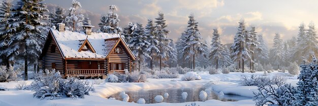写真 屋根の上に雪がある森の小屋