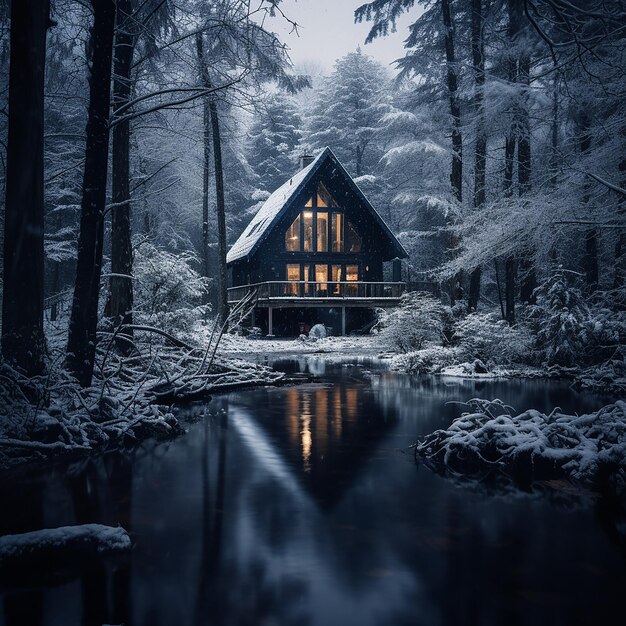 사진 겨울 에 인 숲 에 앉아 있는 오두막