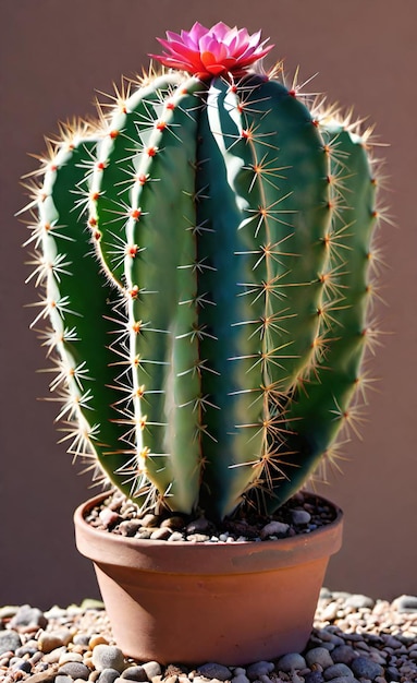 写真 鍋の中の赤と白の花を持つカクタス植物