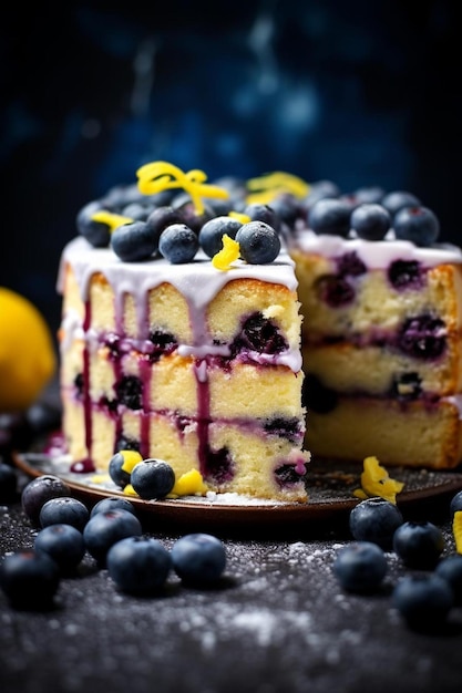 写真 ブルーベリーとケーキのスライスのケーキ