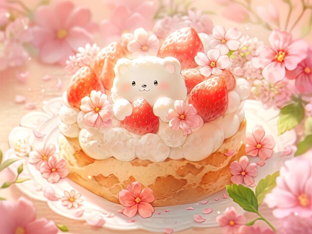 写真 花とテディベアのケーキ