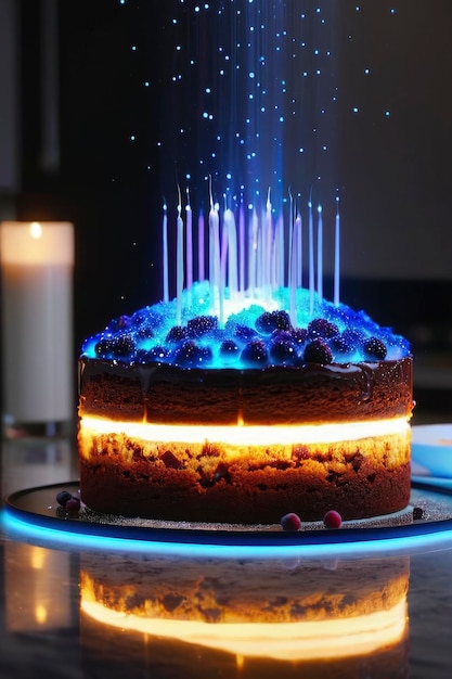 Фото Торт с зажженными свечами на столе с освещенной свечой