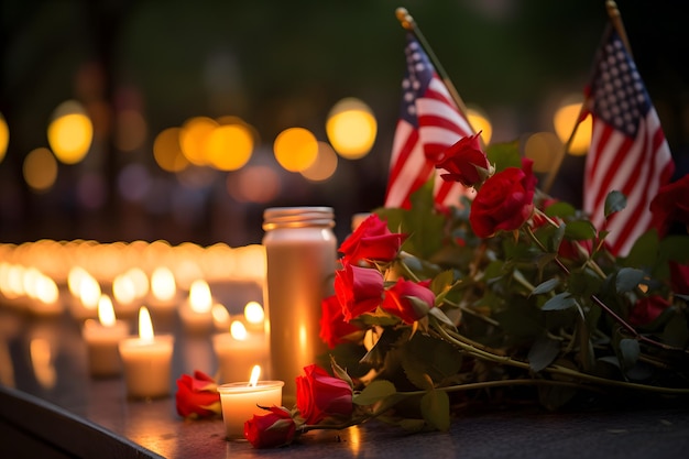写真 ろうそくの光で花を飾った記念碑911事件で亡くなった人々を称える記念碑