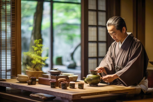 写真 伝統的な着物を着て古くから伝わる茶道を演じる人物を中心に、日本文化の複雑な世界を垣間見る魅惑的な作品