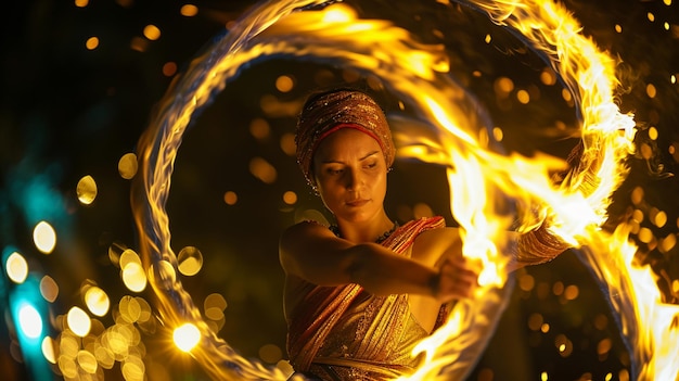Фото Увлекательное изображение танцовщицы огня, выступающей на ночном карнавале, добавляя элемент мистики