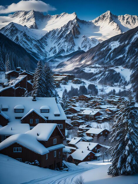 Фото Увлекательная фотография, изображающая живописный город, покрытый снегом, с очаровательными маленькими домами