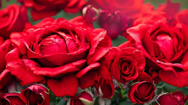 Фото Увлекательный красный цветочный фон с полем ярких красных роз в полном цвете