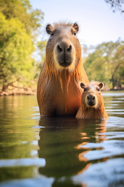 Фото Капибара стоит в воде со своим детёнышем