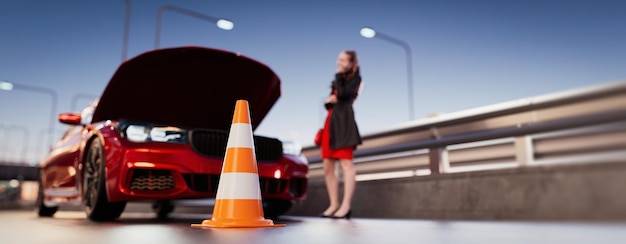 写真 車が道路に乗っている緊急事態があり女性が助けを必要としています