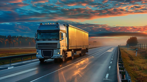 Фото Грузовой полугрузовик едет по шоссе, когда на заднем плане заходит солнце