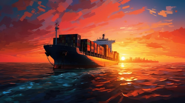 Фото Грузовой корабль в теплых цветах солнечного света на фото заката