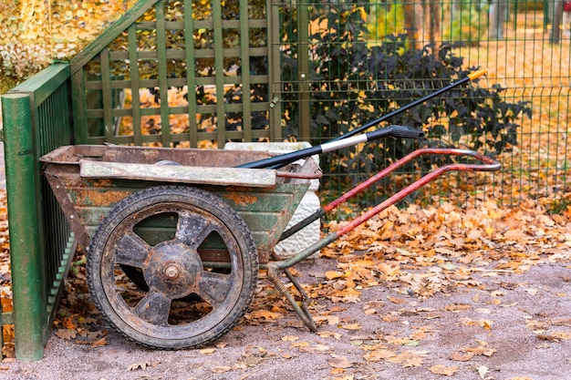 Фото Тележка с садовым инвентарем в осеннем парке