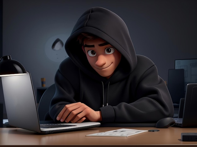 Фото Молодой мальчик в картонном стиле сидит в студии и смотрит в камеру, нося черный капюшонный стол с ноутбуком