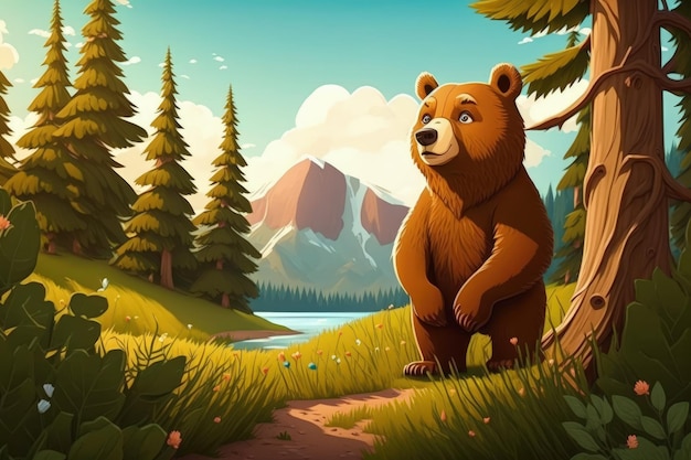 Фото Мультяшный медведь стоит в лесу с горами на заднем плане.