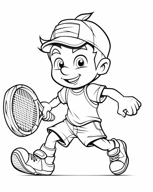 写真 手にテニスラケットを持って走っているアニメの少年