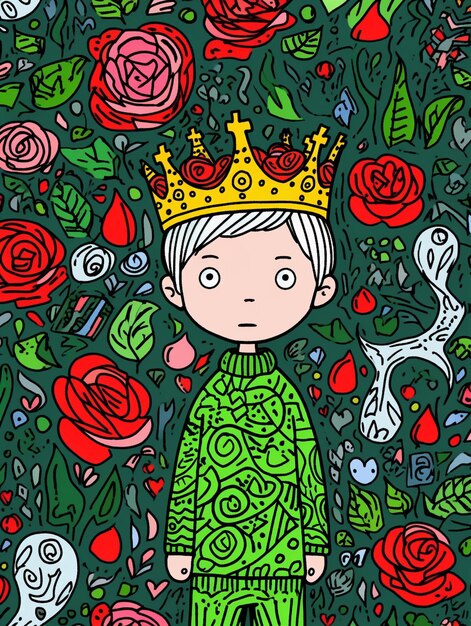 Фото Мальчик из мультфильма с короной, стоящий в саду розы