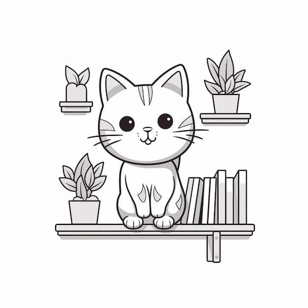 사진 비 식물 생성 ai와 함께 선반에 앉아있는 만화 고양이