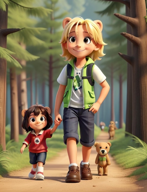 写真 カートゥーンキャラクターと女の子が森の道を歩いている