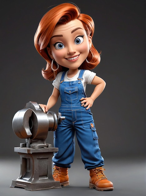 Фото Мультфильмный персонаж с красными волосами и синими комбинезонами, стоящий рядом с металлической мельницей