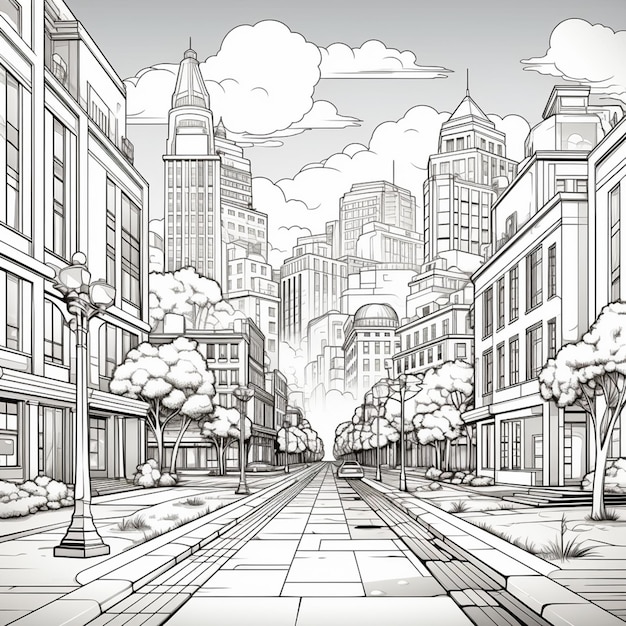 Фото Городская улица мультфильма с большим количеством зданий и деревьев