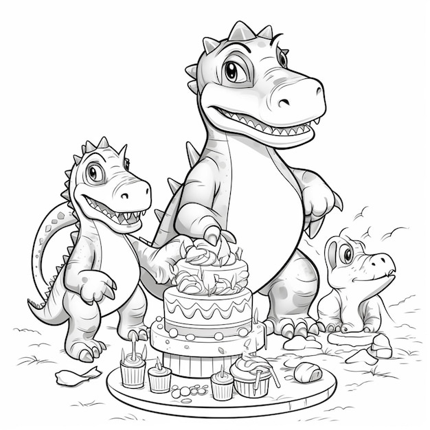 사진 만화 공룡과 아기 공룡이 있는 생일 케이크.