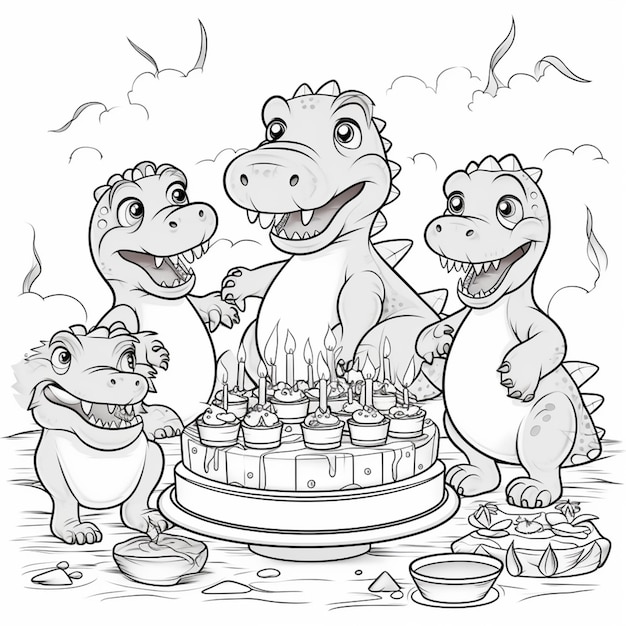 사진 만화 속 공룡은 컵케이크가 든 생일 케이크로 둘러싸여 있습니다.