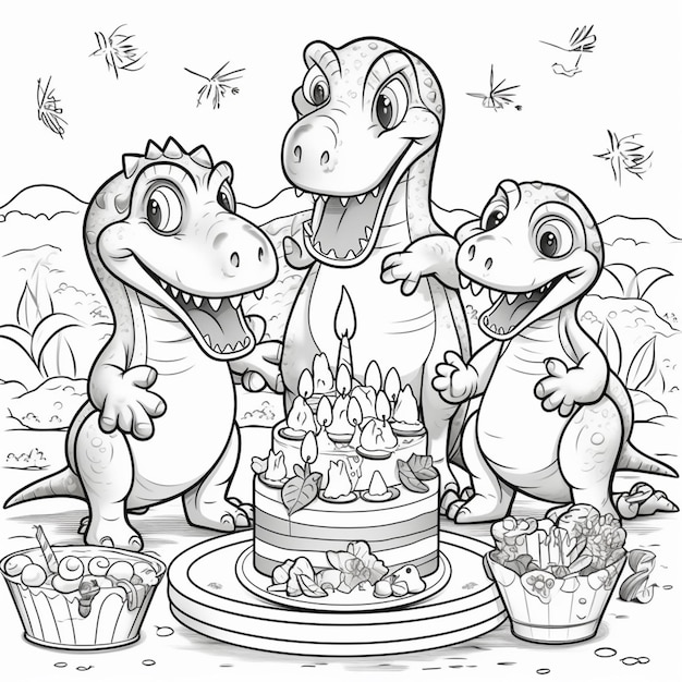 사진 생일 케이크로 생일을 축하하는 공룡의 만화 그림.