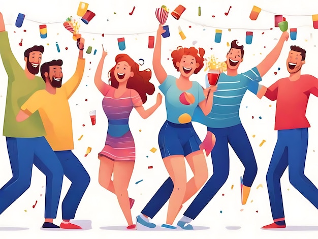 Фото Мультфильм с рисунком людей, танцующих с красочными чашками, и у одного из них есть картина