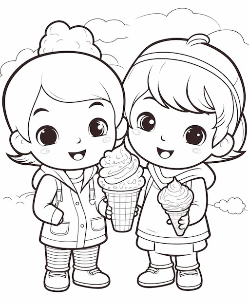 사진 아이스크림 콘을 먹고 있는 두 어린이의 만화 그림