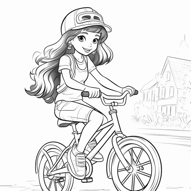 写真 街の通りで自転車に乗っているアニメの女の子