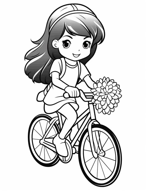 写真 手に花を持って自転車に乗っているアニメの女の子