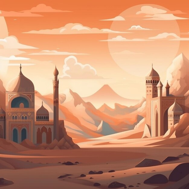 Фото Мультяшная иллюстрация пустынного пейзажа с замком в середине генеративного ай