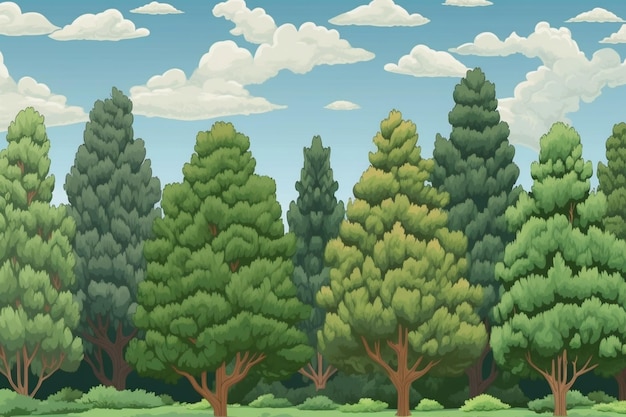 写真 木と雲のある森の漫画イラスト