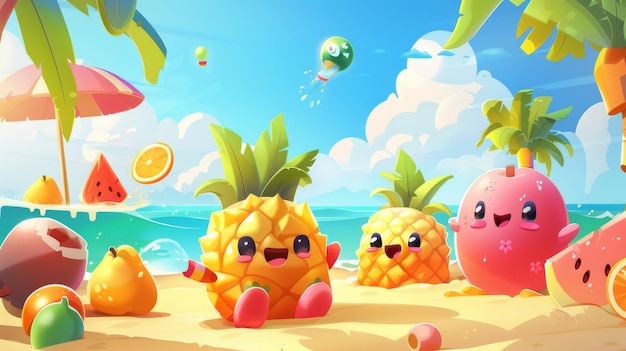 写真 夏のビーチでウォーターガンゲームや日焼けをする熱帯果物の漫画