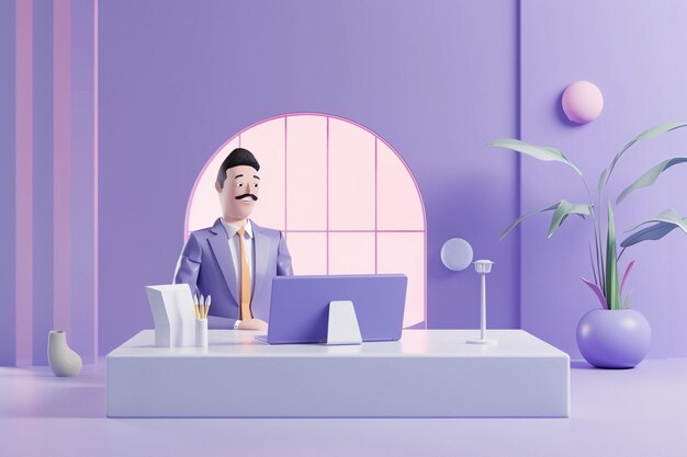 사진 만화 남자가 수염을 입은 남자와 함께 보라색 배경으로 컴퓨터에서 일하고 있습니다.