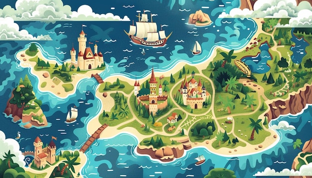 写真 キャッスルとボートが描かれたファンタジー島の漫画地図 - ガジェット通信 getnews