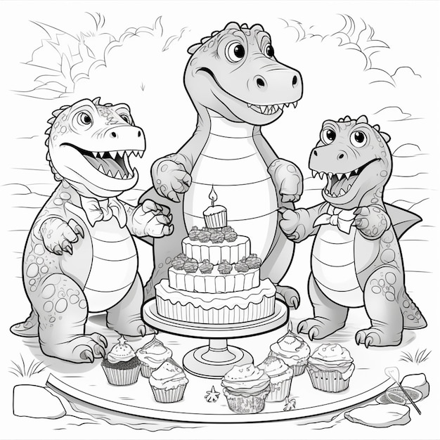 사진 생일 케이크와 at-rex가 있는 공룡의 만화.
