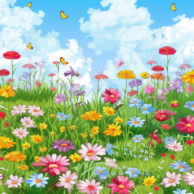 Фото Мультфильм о поле, полном цветов и бабочек, генеративный ии