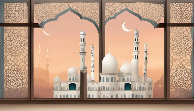 Фото Мультфильм мечети с закатом солнца и мечетью