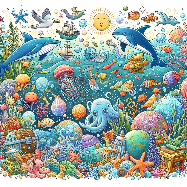 Foto a cartoon of a sea scene with sea creatures and the word sea