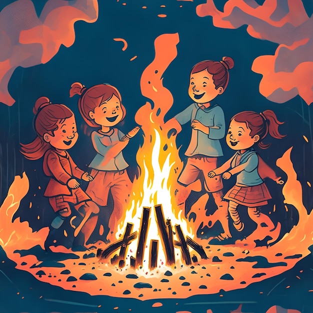 Фото Карикатура на троих детей у костра