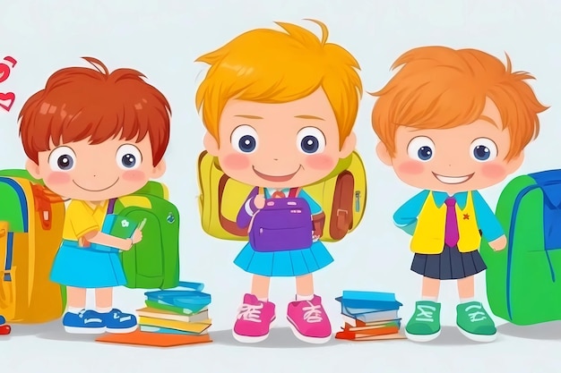 Фото Мультяшное изображение троих детей с игрушечным поездом и ребенка в зеленой куртке.