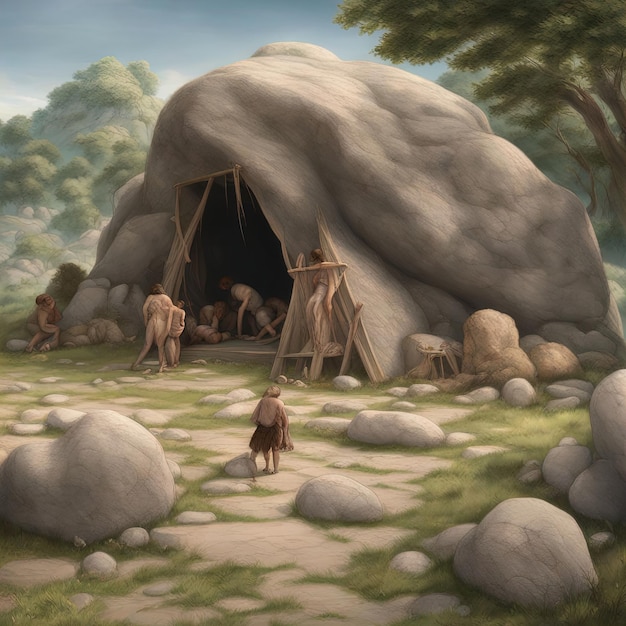Фото Сцена мультфильма с пещерой с человеком и собакой